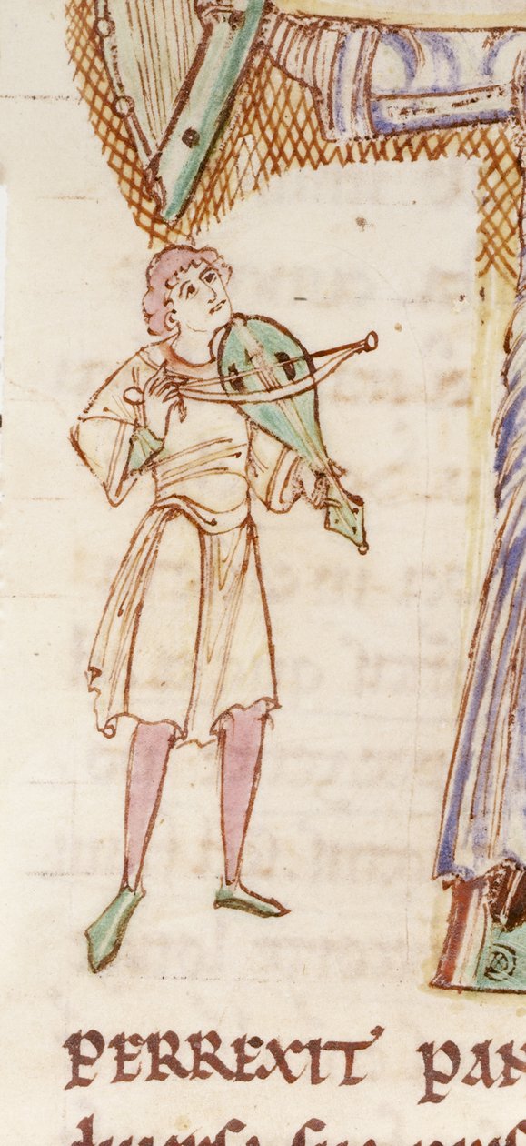 f.218v "T "字内页细节，描绘一名男子弹奏贝雷克琴，选自约 1110 年的 "Passionale"（牛皮纸）。 作者 英语学校