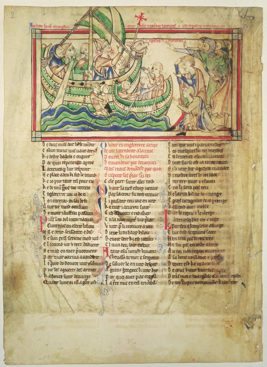 f.4v托马斯·贝克特（Thomas a Becket）登陆桑威奇（Sandwich）并祝福水，来自Becket Leaves，c.1220-40 作者 英语学校