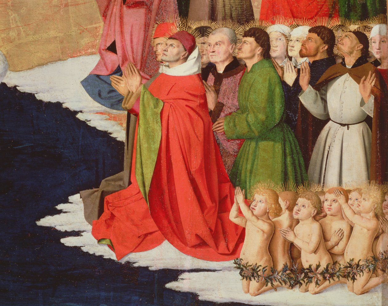 神职人员和儿童，圣母加冕的细节，1453-54 作者 Enguerrand Quarton