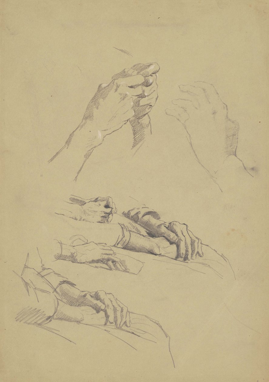 六手研究，c.1870-90（棕褐色纸上的石墨和白垩） 作者 以诺·伍德·佩里