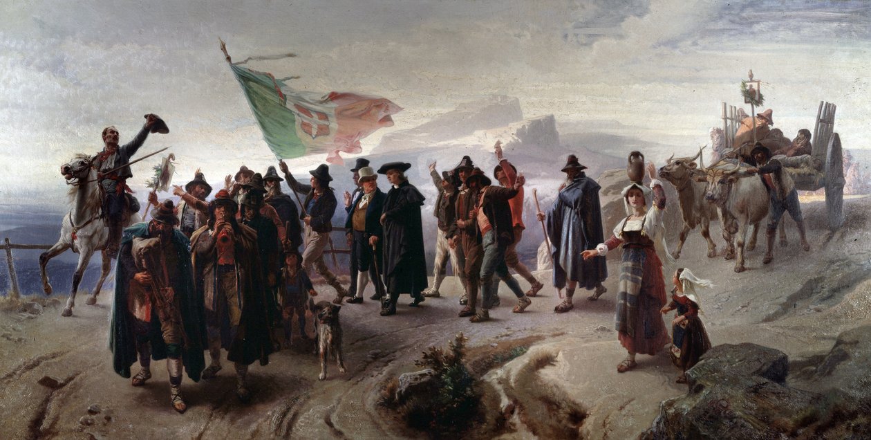 Risorgimento：“1861 年吞并阿布鲁佐地区以统一意大利”（1861 年吞并阿布鲁佐地区以统一意大利）恩里科·甘巴（Enrico Gamba）（1831-1883 年）绘画，暗淡 104x207 厘米基因，现代艺术画廊，inv 294 作者 恩里科·甘巴（Enrico Gamba）
