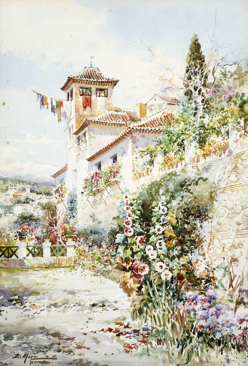 夏季的安达卢西亚房屋和花园（铅笔和w - c） 作者 恩里克·马林·伊奎罗（Enrique Marin Higuero）