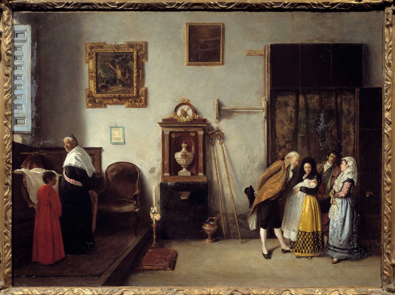 西班牙 Relevailles 弥撒 神父前来祝福新生儿和即将分娩的母亲。 Don Enrique Melida y Alinari (1834-1892) 的画作，1872 年 0,52x0,73 m 巴约讷，博纳博物馆 作者 恩里克·梅利达（Enrique Melida）