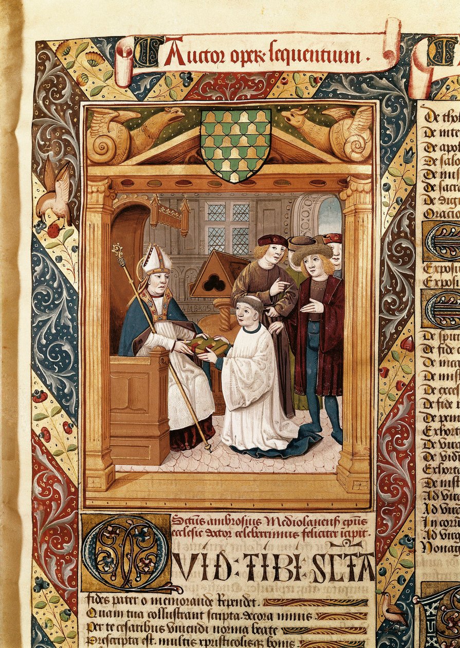 米兰大主教圣安布罗斯（Saint Ambrose，339-397）向一位亲戚展示他的作品，摘自“圣安布罗斯的作品（第一卷）” 作者 恩里克·德·贝洛托