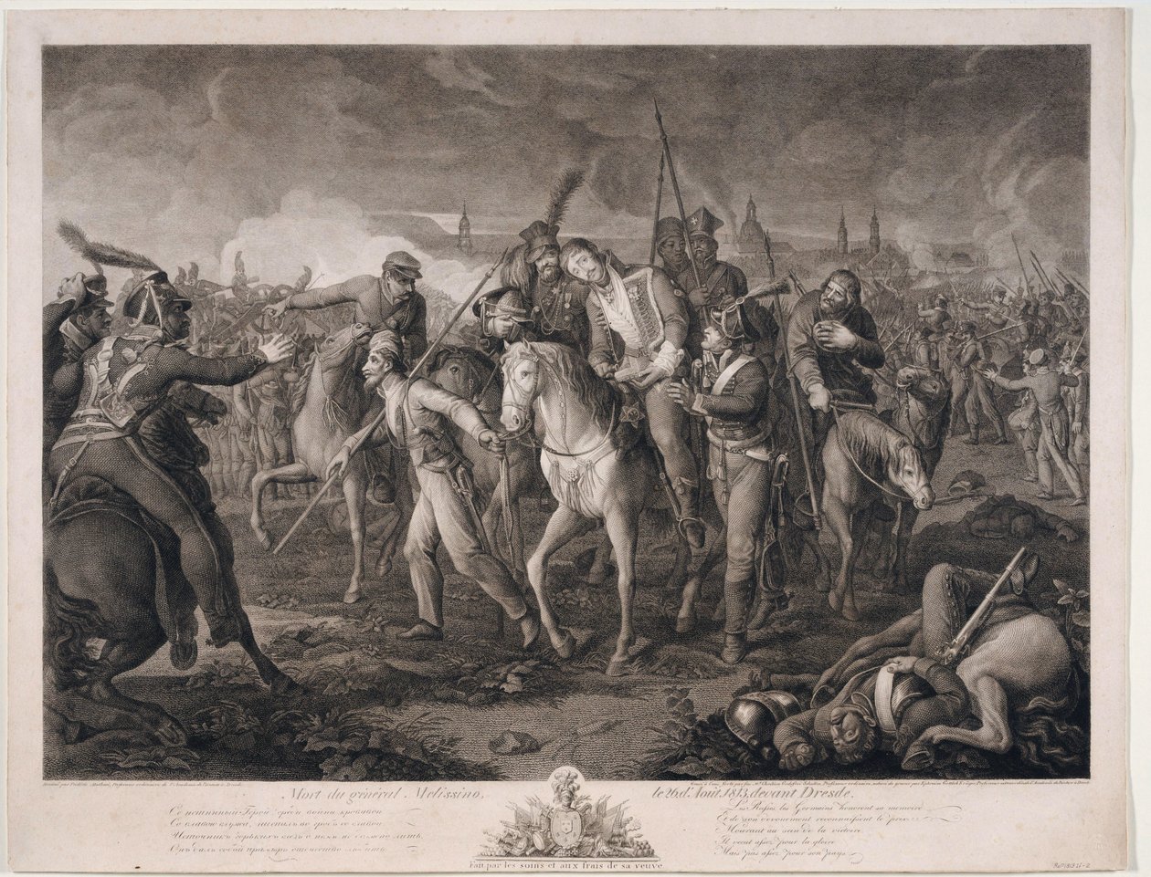 Mort du General Alexis Melissin (1759-1813) a Dresde, en 1813 - 1813 年 8 月 26 日阿列克谢-梅利西诺将军之死 - Krueger, Ephraim Gottlieb (1756-1834) - 1813 - 蚀刻 - 68,4x88,8 - 私人收藏 作者 以法莲·戈特利布·克鲁格