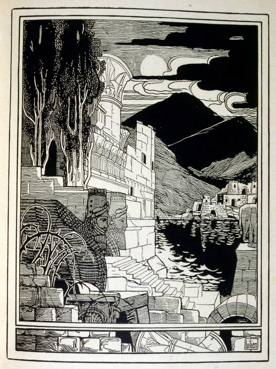 The ruins of Sodom, from the book Judah illustrated by Ephraim Moses Lilien (1874-1925). Lilian is considered as the father of Zionist iconography, created in the Jugendstil (German art nouveau) style. He illustrated