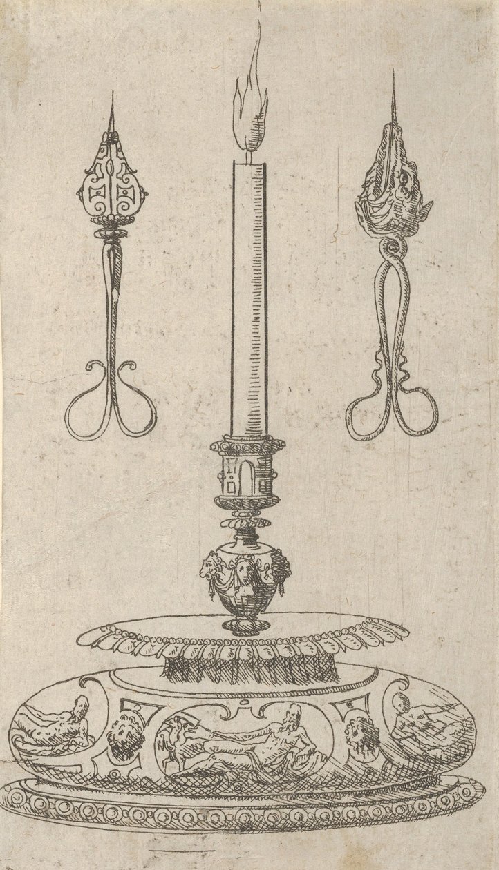烛台设计与烛芯修饰器，1560-70。 作者 伊拉斯谟·霍尼克