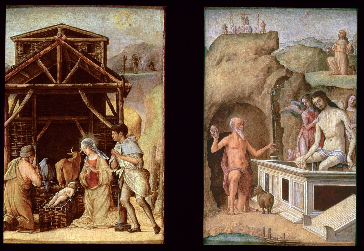 牧羊人的崇拜，以及死亡的基督，c.1490（小组） 作者 罗伯蒂（Ercole de Roberti）