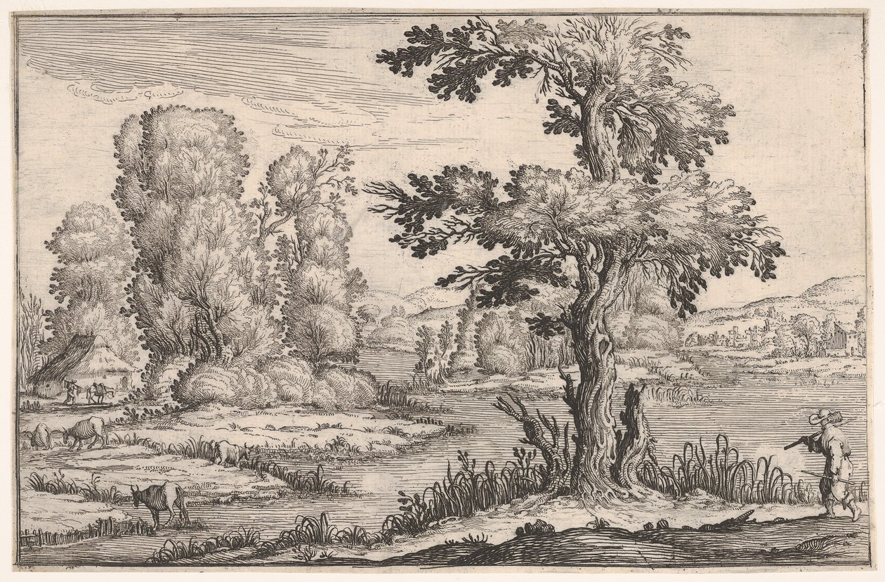 山羊在河边吃草的风景，右前方有一个人物，来自于一幅绢画，1638年。 作者 埃尔科尔·巴齐卡卢瓦