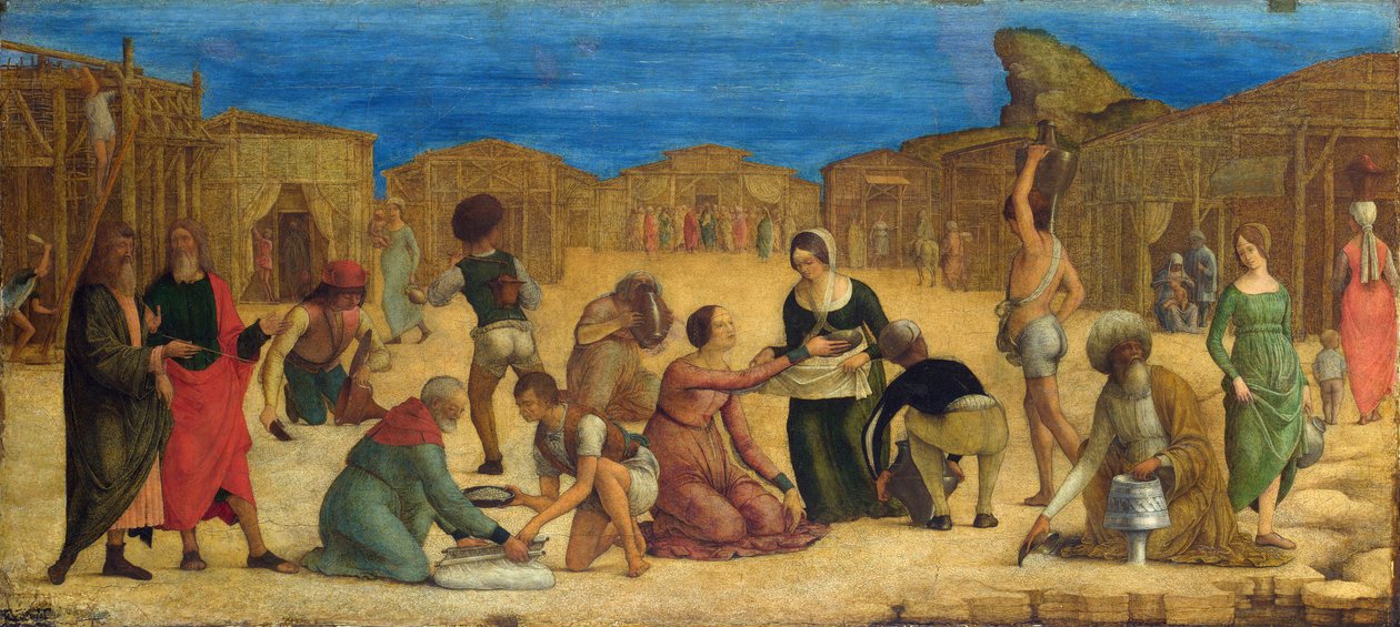 “《西奈沙漠中甘露的收获》”——德·埃尔科勒·罗伯蒂 (Ercole Ferrarese) (c. 1450-1496) 以色列人在画布上收集甘露饼 1490 年代伦敦国家美术馆 28,9x63,5 作者 罗伯蒂（Ercole de Roberti）