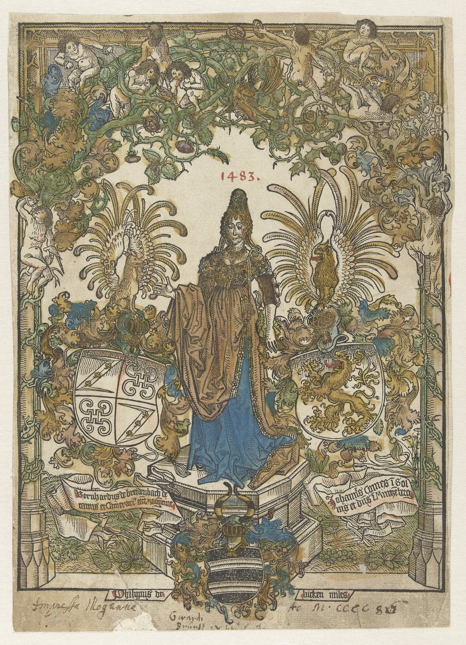 底座上的妇女头像，画框内有 Bernhard von Breydenbach 和 Johannes Comes 的臂章 作者 艾哈德·鲁威奇