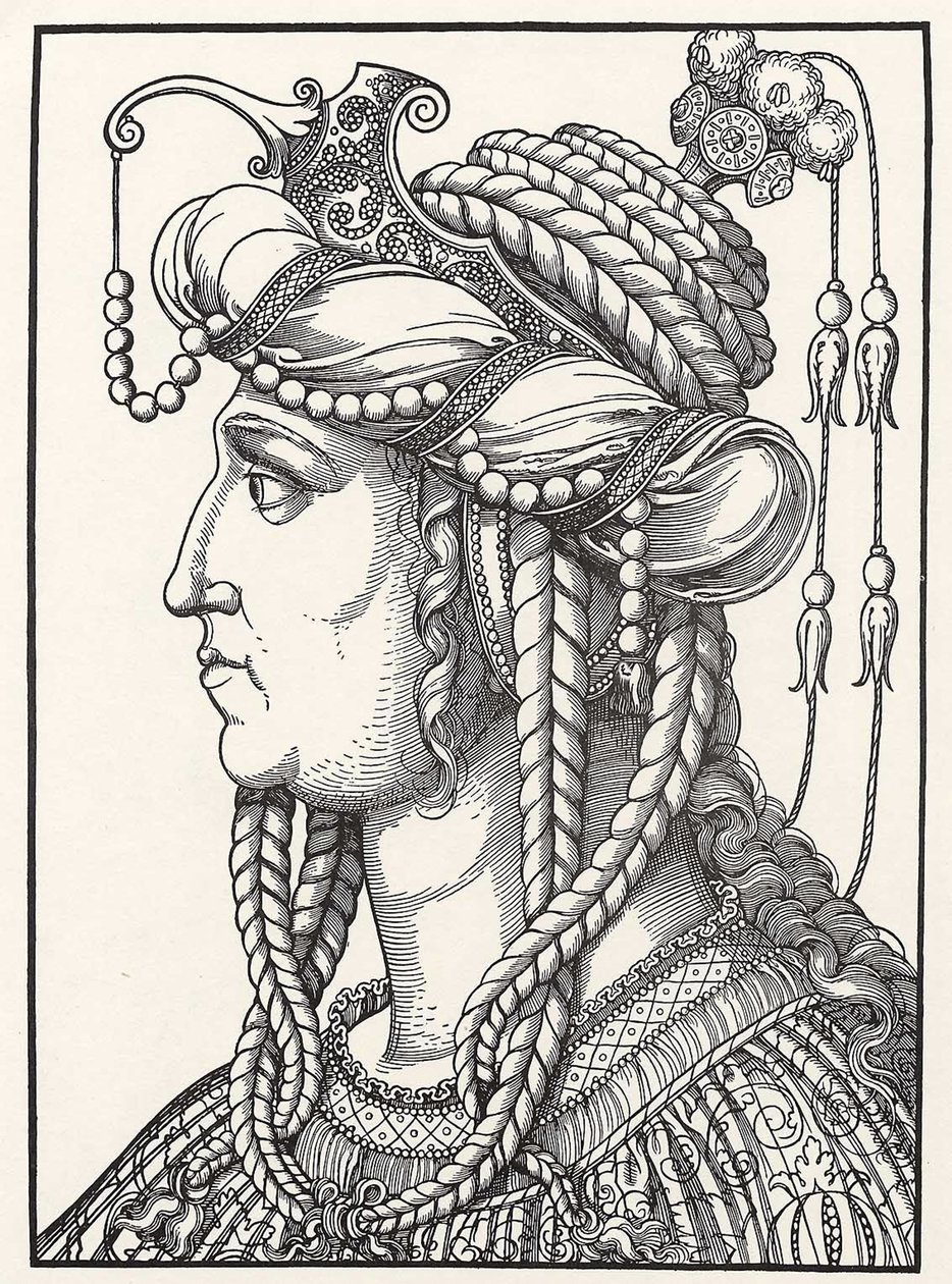 “苏丹娜·罗克斯兰 (Russelazie，鲁塞尼亚人) 或胡勒姆 (Hurrem，原名阿纳斯塔西娅·利索夫斯卡，约 1500-1558 年) 苏丹苏莱曼大帝的妻子的肖像”由埃哈德·舍恩 (Erhard Schoen，1491-1592) 绘制的木版画，约 1532 年 哥达赫佐利切斯博物馆 作者 埃哈德·舍恩（Erhard Schon）