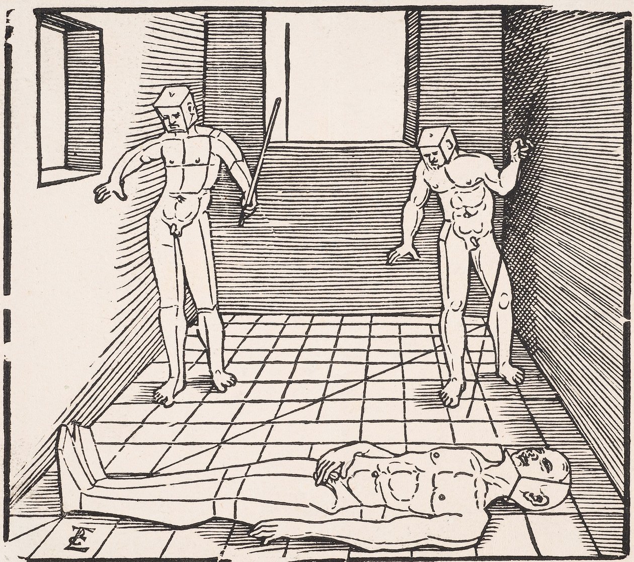 一个房间里的三个男性人物来自：Undererweissung der Proportzion 作者 埃哈德·舍恩（Erhard Schon）