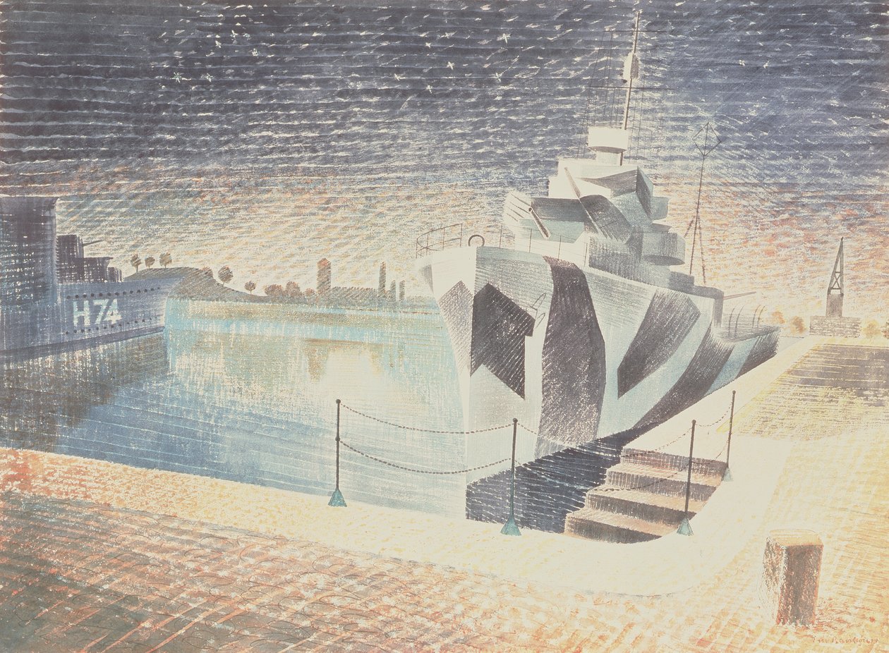 驱逐舰在夜间，1942年 作者 埃里克·拉维鲁（Eric Ravilious）