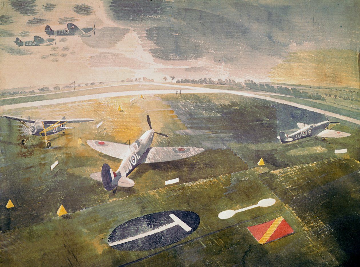 1942年，皇家空军飞机在机场 作者 埃里克·拉维鲁（Eric Ravilious）