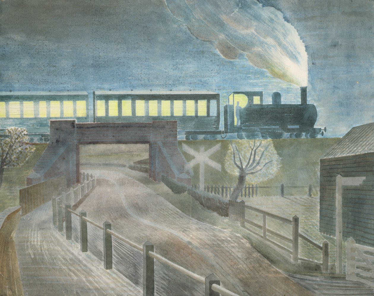 火车在晚上过桥 作者 埃里克·拉维鲁（Eric Ravilious）