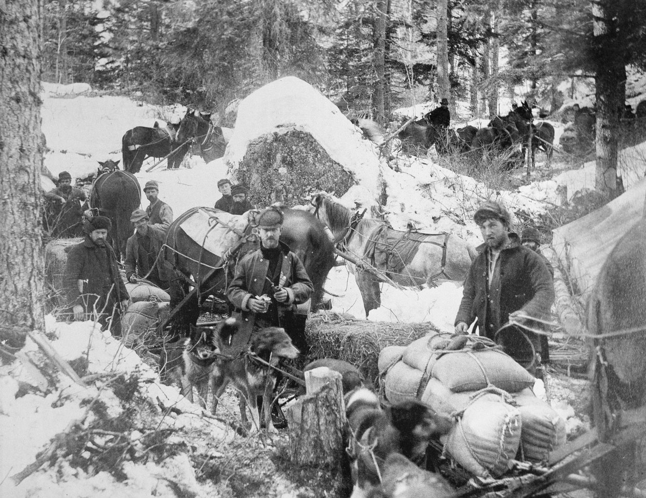 克朗代克淘金热 (1897-98) 1898 年期间，探矿者在阿拉斯加史凯威小道 (Skagway Trail) 上攀登豪猪山 (黑白照片) 作者 埃里克·黑格