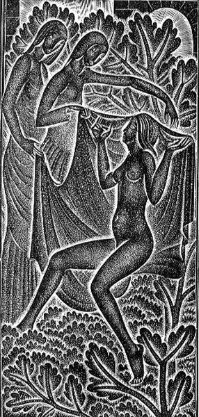 我是黑人，但很可爱》（Nigra Sum Sed Formosa）插图，选自《雅歌》（Canticum Canticoram Salomonis），1929 年（木刻画） 作者 埃里克·吉尔