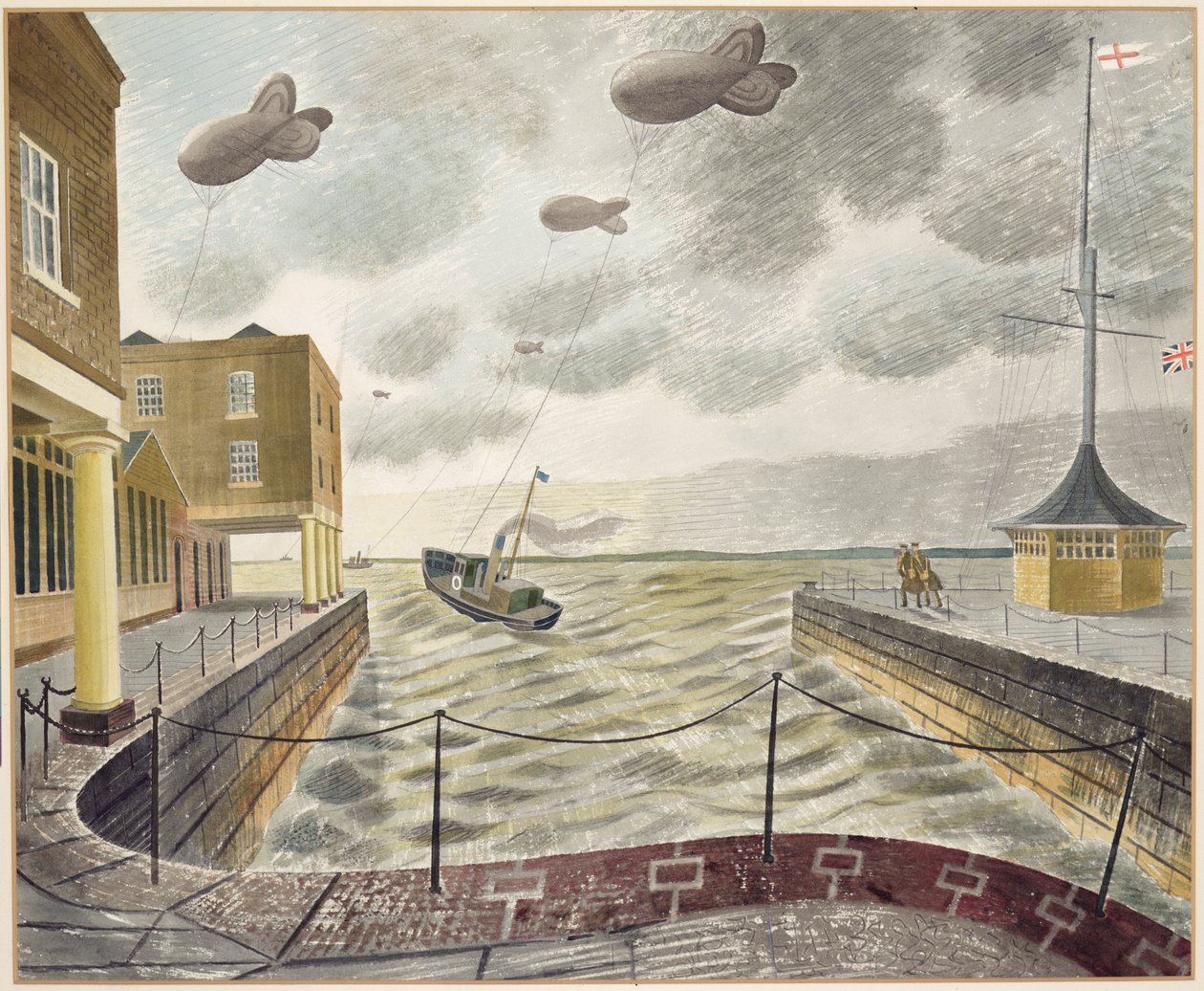 英国港口外的弹幕气球（铅笔和纸上水彩） 作者 埃里克·拉维鲁（Eric Ravilious）