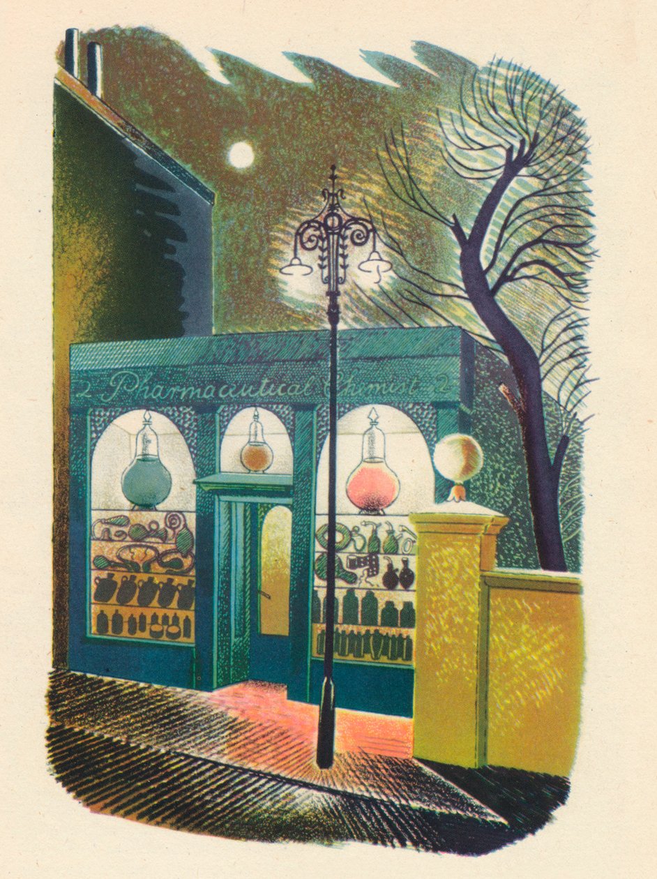 1938年夜间的药店，1946年 作者 埃里克·拉维鲁（Eric Ravilious）