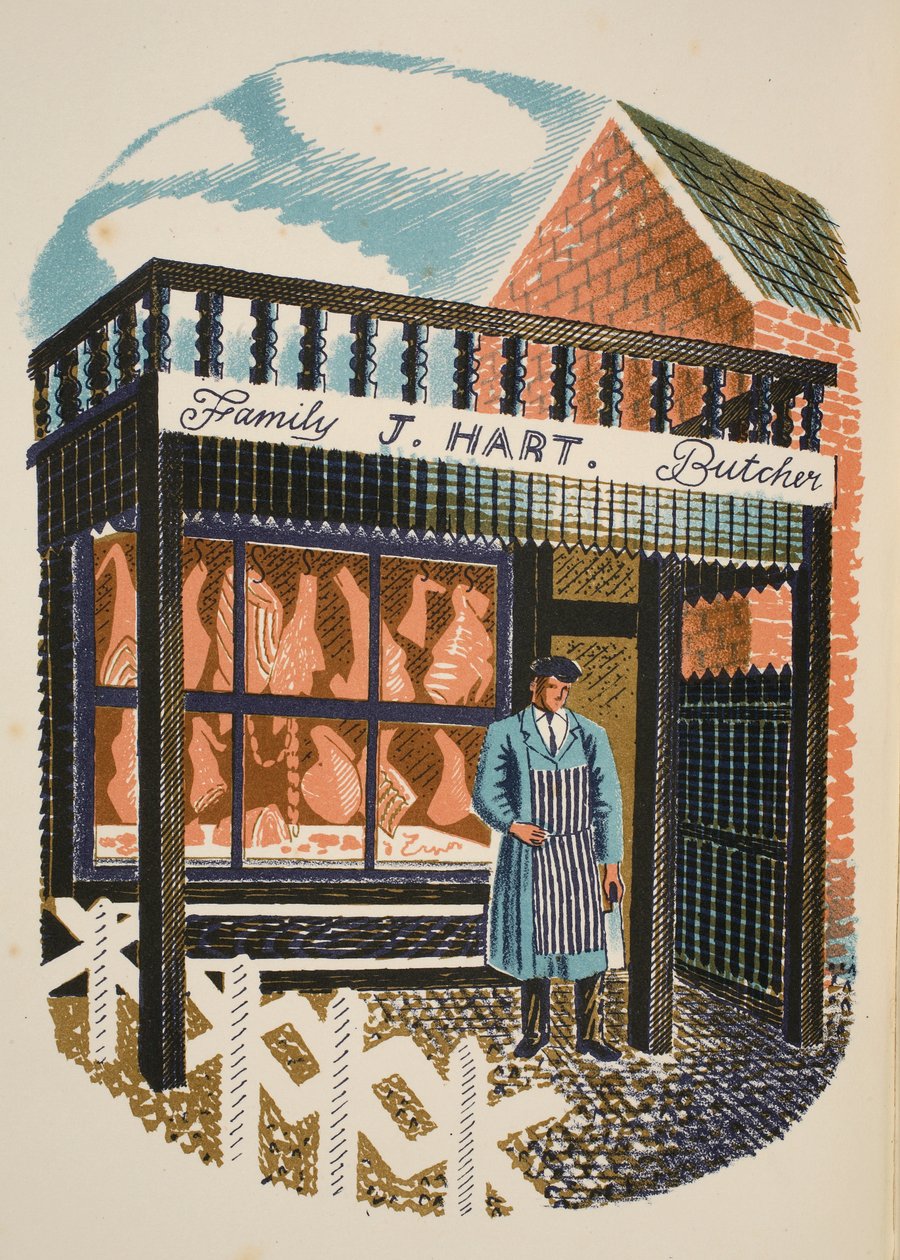 家庭屠夫，来自JM Richards的&39;High Street&39;的插图，由Curwen Press，pub打印。 1938年的乡村生活 作者 埃里克·拉维鲁（Eric Ravilious）