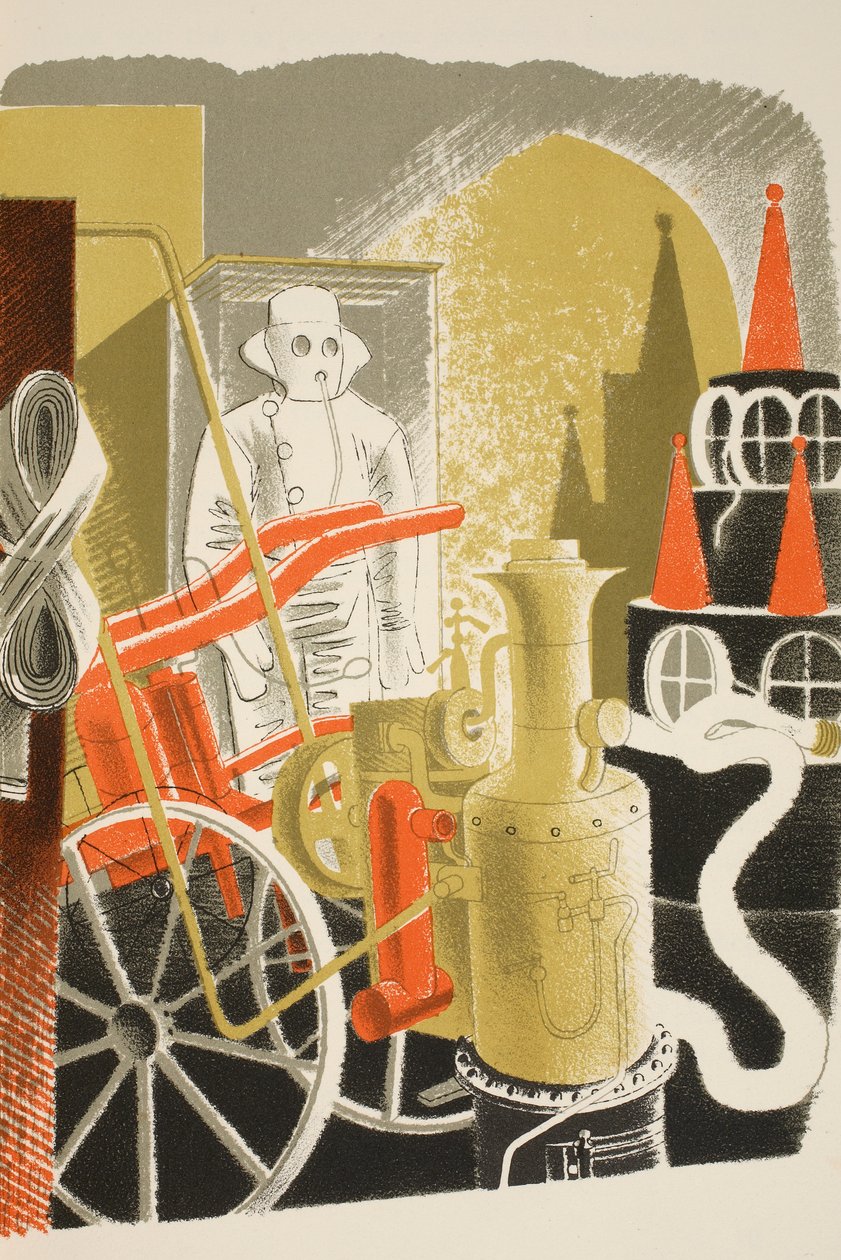 消防工程师，来自JM Richards的&39;High Street&39;的插图，由Curwen Press，pub打印。 1938年的乡村生活 作者 埃里克·拉维鲁（Eric Ravilious）