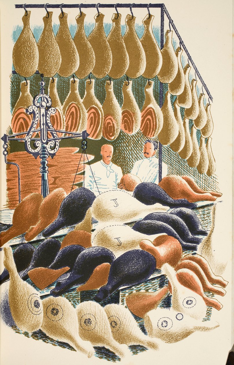 火腿，来自JM Richards的&39;High Street&39;的插图，由Curwen Press，酒吧印制。 1938年的乡村生活 作者 埃里克·拉维鲁（Eric Ravilious）