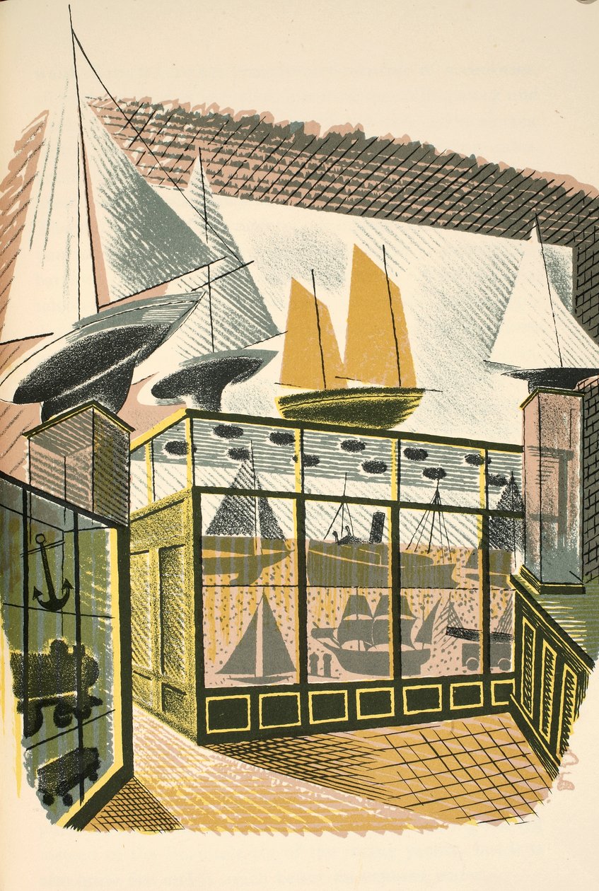 模型船和火车，由JM理查兹的“高街”插图，由Curwen Press，pub打印。 1938年的乡村生活 作者 埃里克·拉维鲁（Eric Ravilious）