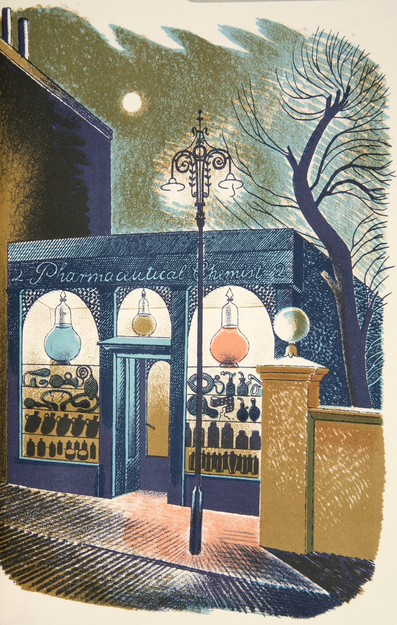 药房，来自JM Richards的&39;High Street&39;的插图，由Curwen Press，pub打印。 1938年的乡村生活 作者 埃里克·拉维鲁（Eric Ravilious）