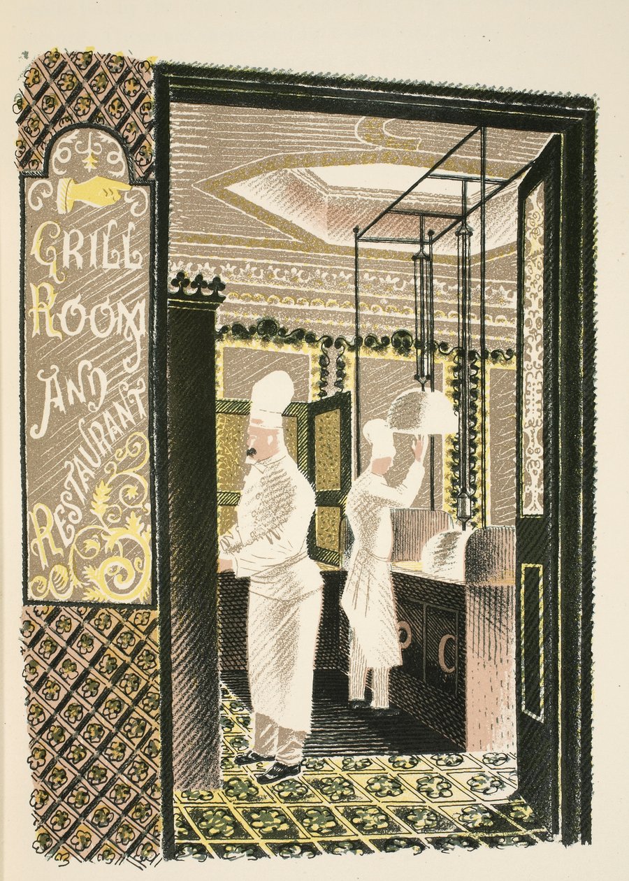 餐厅和烧烤室，由JM Richards的&39;High Street&39;插图，由Curwen Press，pub打印。 1938年的乡村生活 作者 埃里克·拉维鲁（Eric Ravilious）