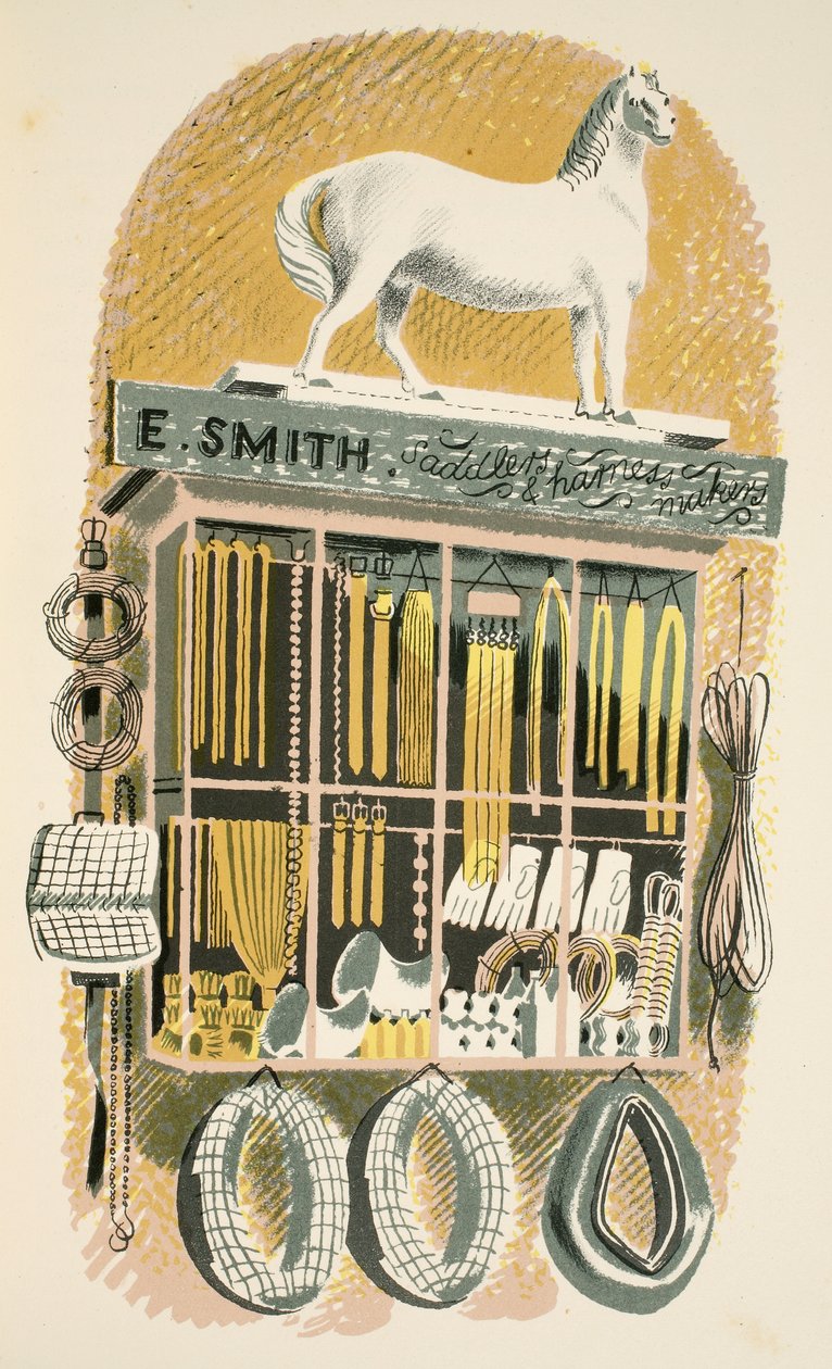 Saddler和Harness Maker，来自JM Richards的“High Street”插图，由Curwen Press，pub打印。 1938年的乡村生活 作者 埃里克·拉维鲁（Eric Ravilious）