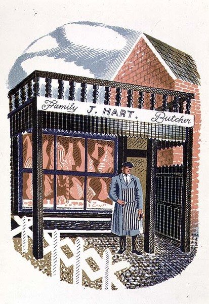 The Butchers Shop，由Curwen Press出版，来自High Street，由JM Richards出版，1938年由Country Life出版（24件） 作者 埃里克·拉维鲁（Eric Ravilious）
