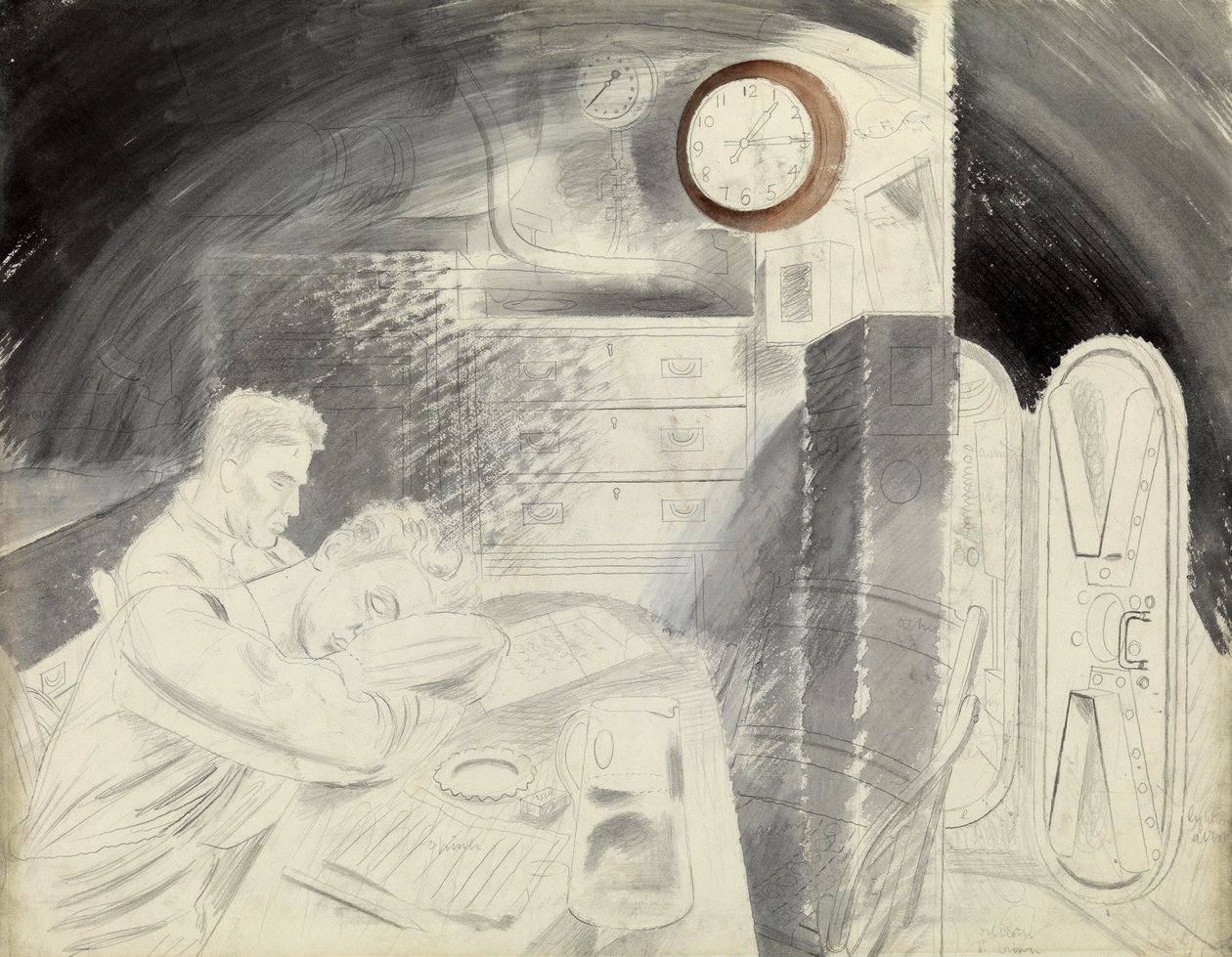 潜艇（潜水艇）高级军官的舱室（或广场）。埃里克-拉维利厄斯（1903-1942 年）的铅笔系列作品，第二次世界大战（1939-1945 年）期间登上一艘潜艇 作者 埃里克·拉维鲁（Eric Ravilious）