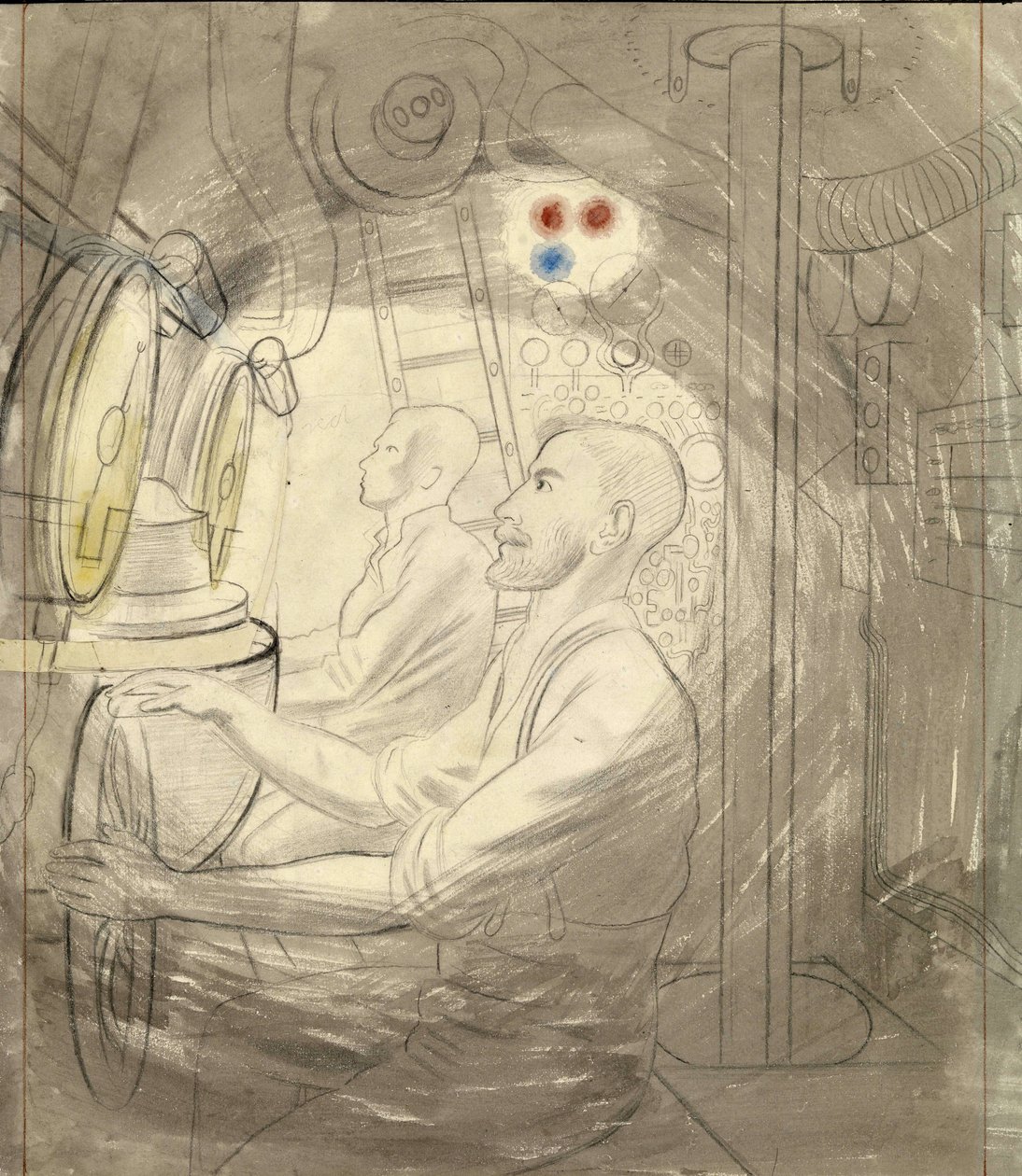 潜艇的潜水控制室。埃里克-拉维里乌斯（1903-1942 年）的铅笔系列作品，第二次世界大战（1939-1945 年）期间登上一艘潜艇 作者 埃里克·拉维鲁（Eric Ravilious）