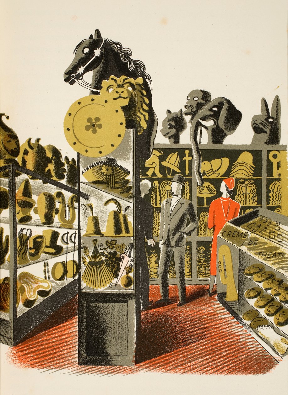 Theatrical Costume和Prop Hire Shop，来自JM Richards的&39;High Street&39;插图，由Curwen Press，pub打印。 1938年的乡村生活 作者 埃里克·拉维鲁（Eric Ravilious）