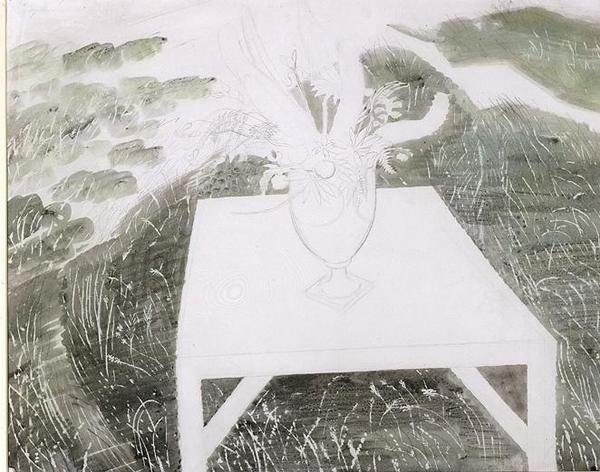 花园里的花瓶（纸上铅笔和水彩）。 作者 埃里克·拉维鲁（Eric Ravilious）