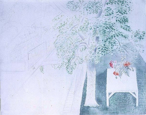 树下的罂粟花瓶（水彩画） 作者 埃里克·拉维鲁（Eric Ravilious）