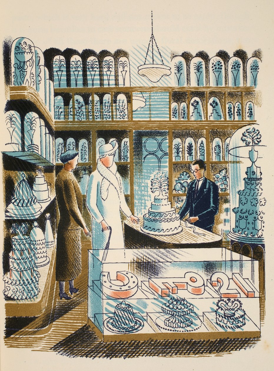 婚礼蛋糕，由JM Richards的&39;High Street&39;插图，由Curwen Press，酒吧印制。 1938年的乡村生活 作者 埃里克·拉维鲁（Eric Ravilious）