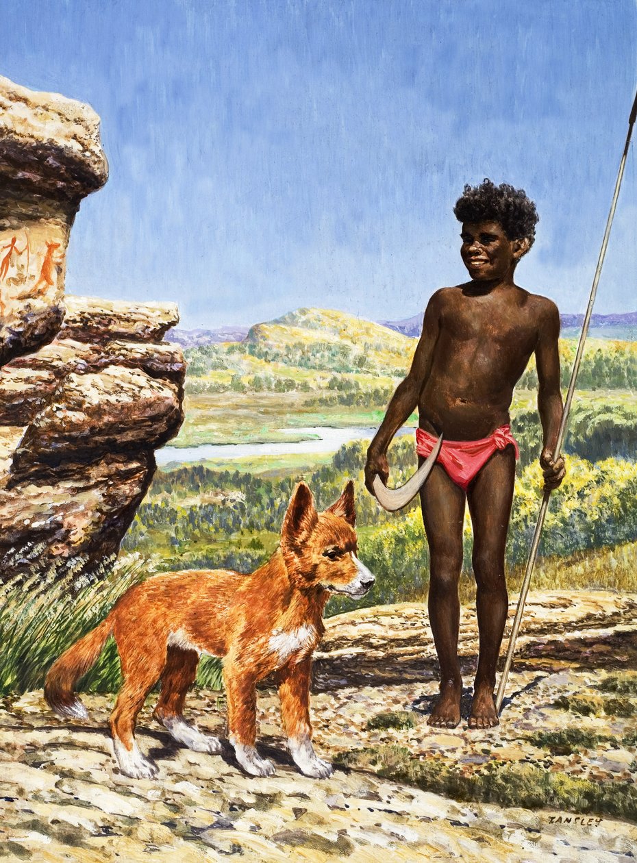 原住民男孩与野狗（水粉画，纸本） 作者 埃里克·坦斯利