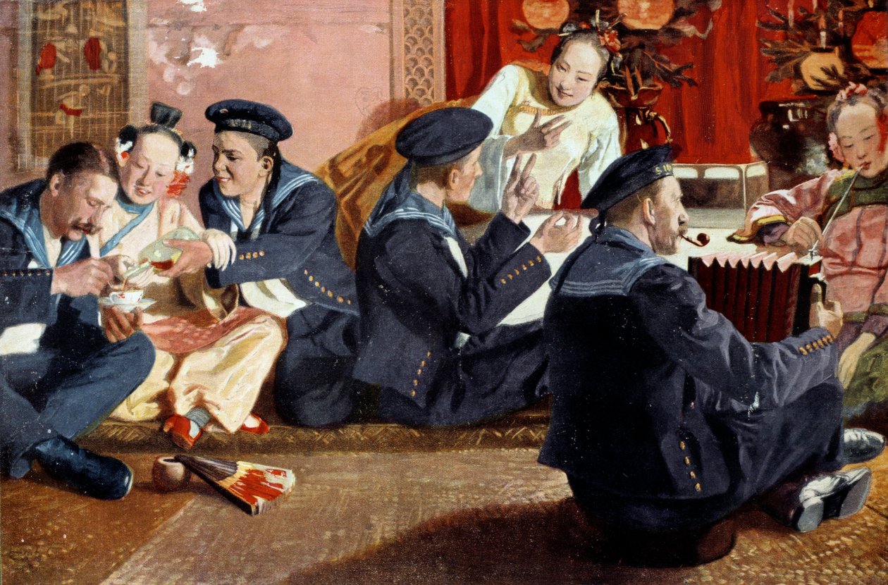 中国房屋中的水手，取材于埃里希·埃尔茨（Erich Eltze，1865-）的画作。 19世纪的雕刻。 巴黎，装饰艺术 作者 埃里克·埃尔策