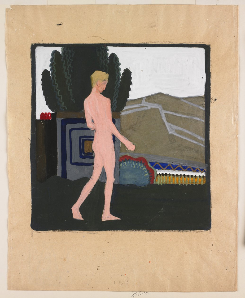 风景中的男性裸体站立，约 1914 年（纸上水粉画） 作者 埃里希·马利纳