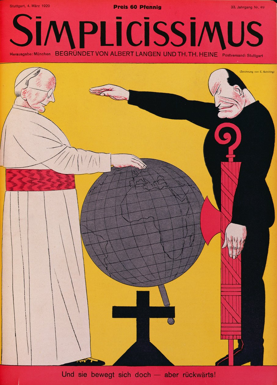 教皇庇护十一世（1857-1939 年）和墨索里尼（1883-1945 年）在 1929 年《拉特兰条约》签订之际，《Simplicissimus》杂志封面插图，1929 年 3 月 4 日（彩色石版画） 作者 埃里克·席林