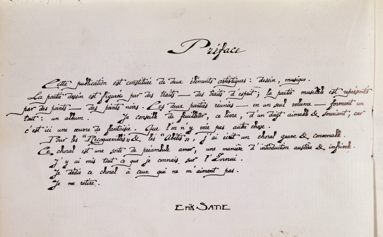 带图画的乐谱序言手稿页 作者 埃里克·萨蒂（Erik Satie）