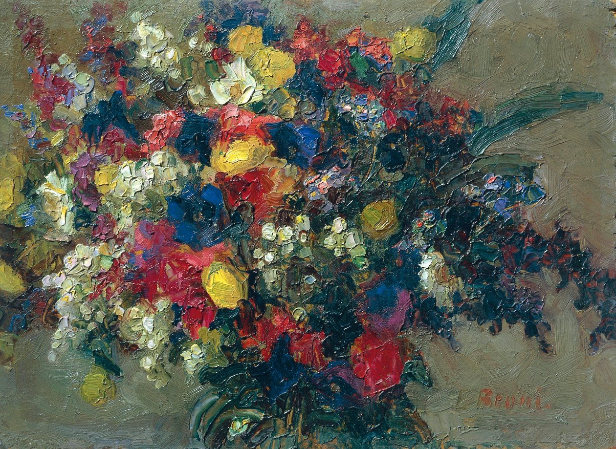 高山花卉，埃尔米尼亚·布鲁尼·梅宁（Erminia Bruni Menin，1870-1940 年）创作，布面油画。 作者 Erminia Bruni Menin