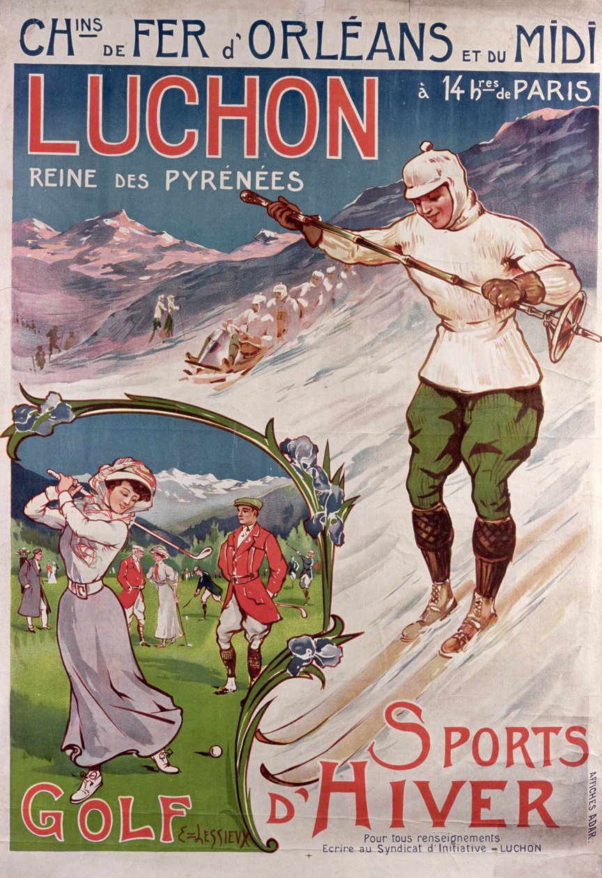 海报用&39;Chemins de Fer d&39;Orleans&39;，1908年（彩色雕刻）宣传&39;Luchon&39;度假村 作者 欧内斯特·路易·莱西克斯