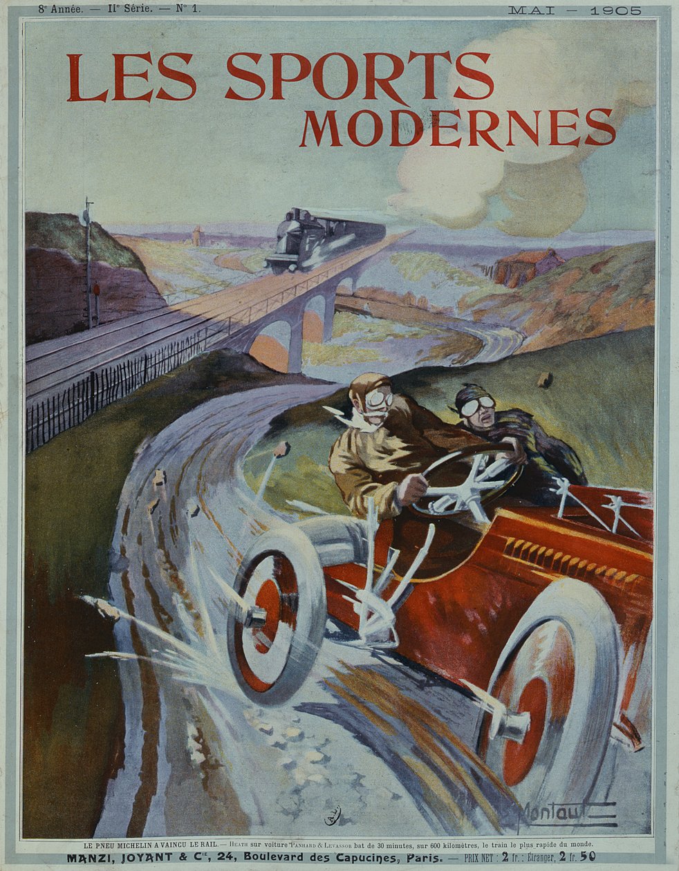 “米其林轮胎比铁路更快！”，1905年5月“Les Sports Modernes”杂志的封面 作者 欧内斯特·蒙托