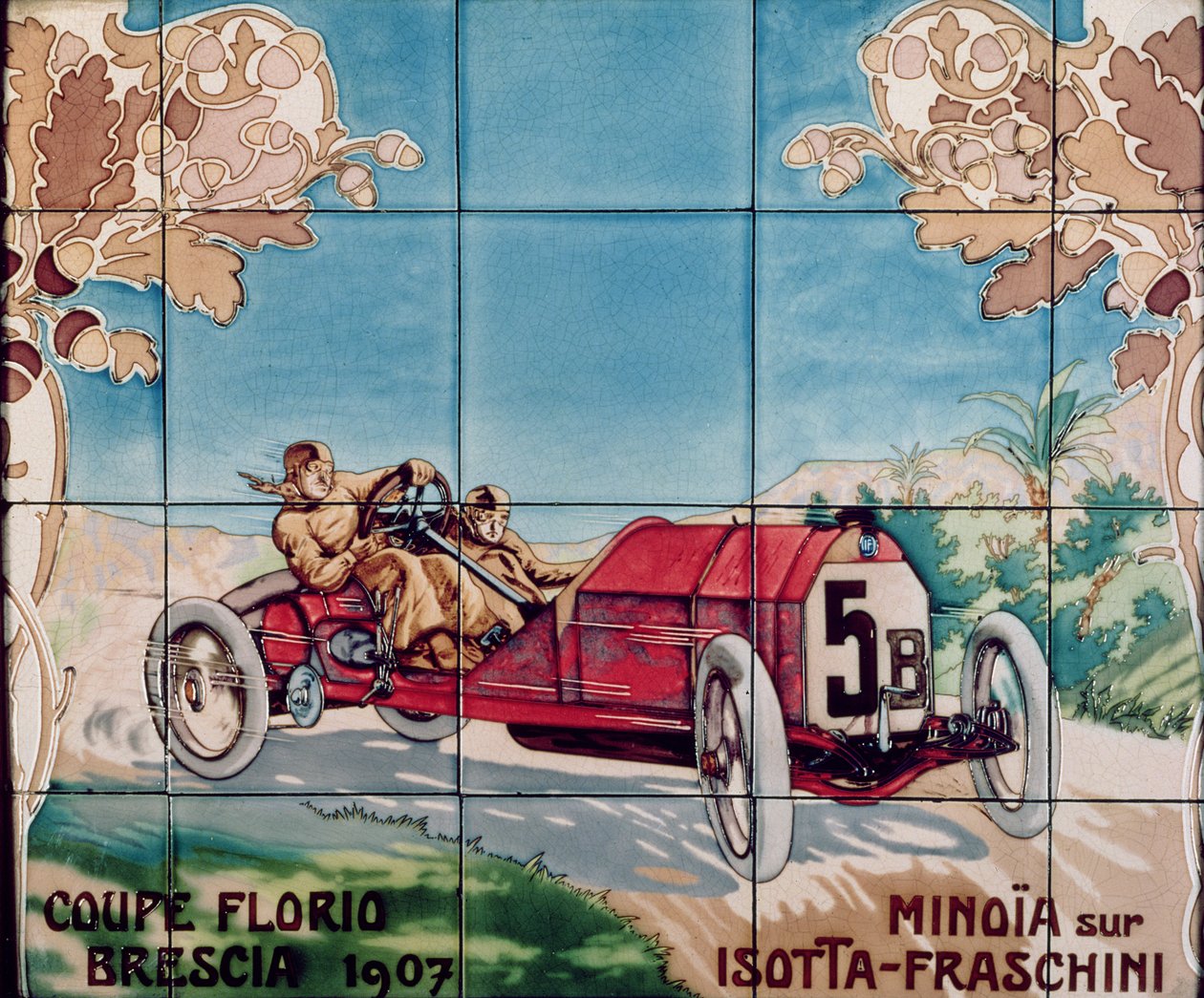 Minoia在1907年的Florio Brescia杯中驾驶Isotta Fraschini汽车：由Ernest Montaut（1877-1909）绘制的瓷砖由巴黎的Gilardoni Fils et Cie制造，1908-10 作者 欧内斯特·蒙托