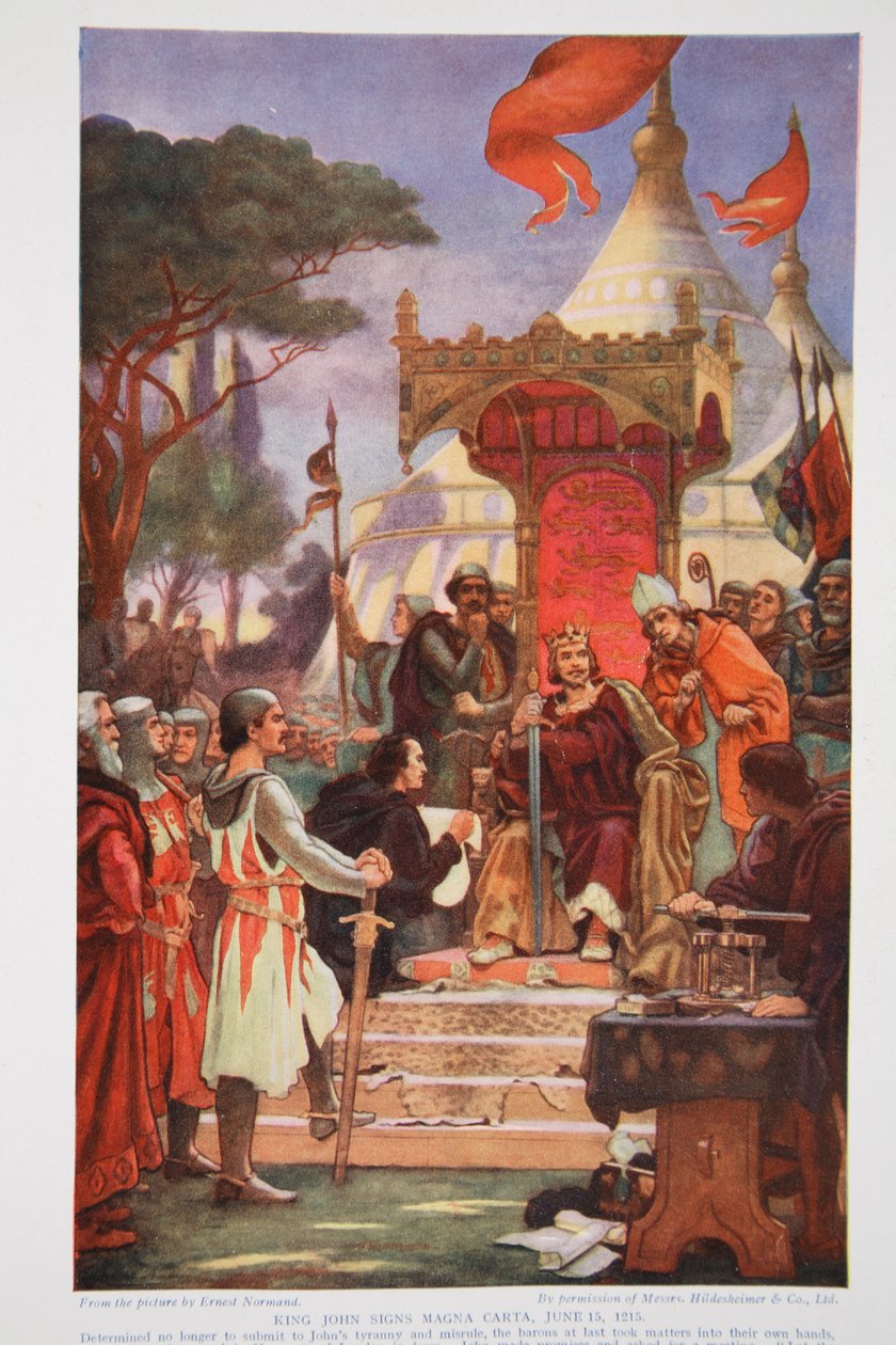 约翰国王于1215年6月15日签署了“大宪章”，插图来自“哈钦森的英国民族故事”，c.1923 作者 欧内斯特·诺曼德