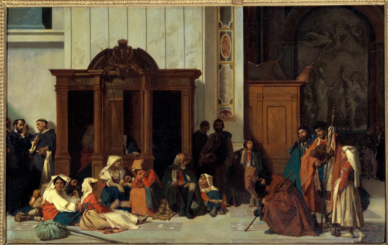 Emile Ernest Hillemacher (1818-1887) 1847 年在罗马的复活节星期日圣彼得大教堂忏悔。 0,68x1,05 m 巴黎，奥赛博物馆 作者 欧内斯特·希勒马赫