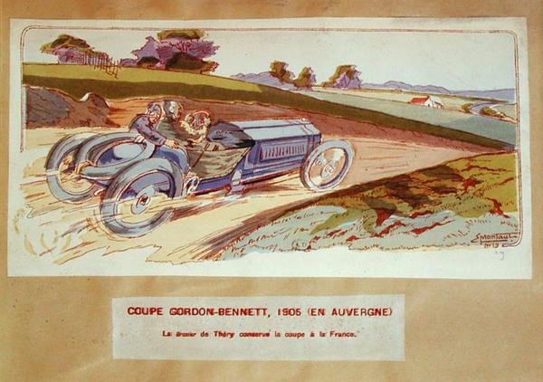 Leon Thery在1905年奥弗涅的Gordon-Bennett比赛中驾驶的Richard-Brasier汽车，约1910年（彩色平印）。 作者 欧内斯特（后）蒙托